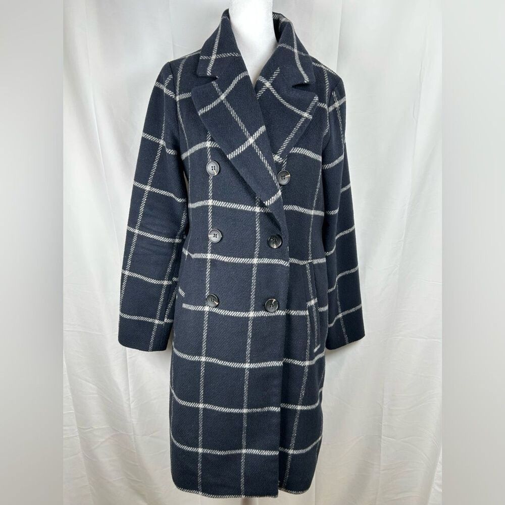 Elodie Trench Coat Womens Small Navy White Plaid Double Breasted Coat Jacket